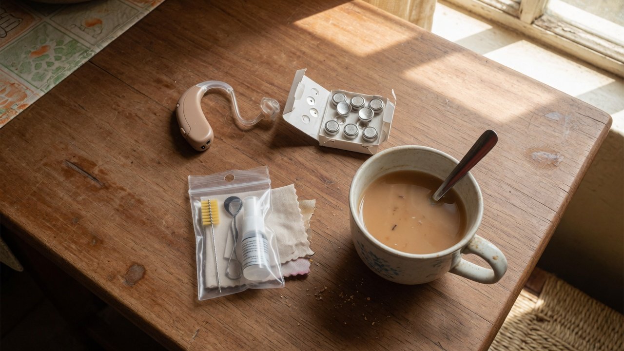 Hearing aid cleaning kit and batteries on a Kenyan kitchen table