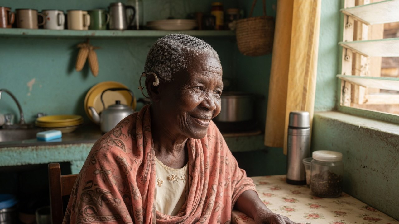 Elderly Kenyan woman wearing a hearing aid at home