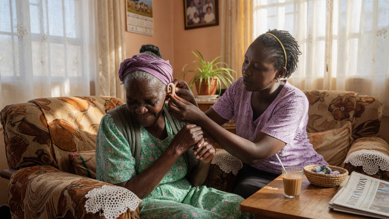 Kenyan family fitting a hearing aid at home