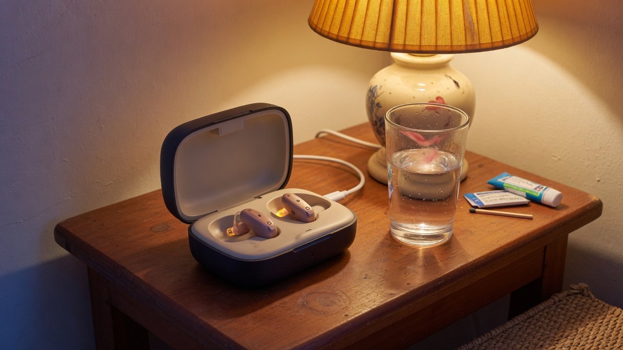 Rechargeable hearing aids charging beside a bed in Kenya